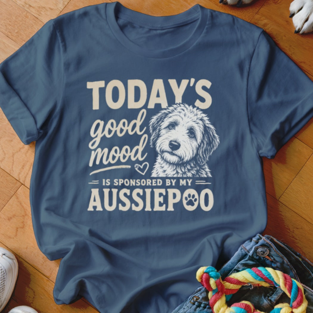 Navy t-shirt with "TODAY'S good mood IS SPONSORED BY MY AUSSIEPOO" and a dog illustration.
