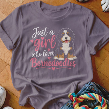 T-shirt with "Just a girl who loves Bernedoodles" text and Bernedoodle dog graphic.