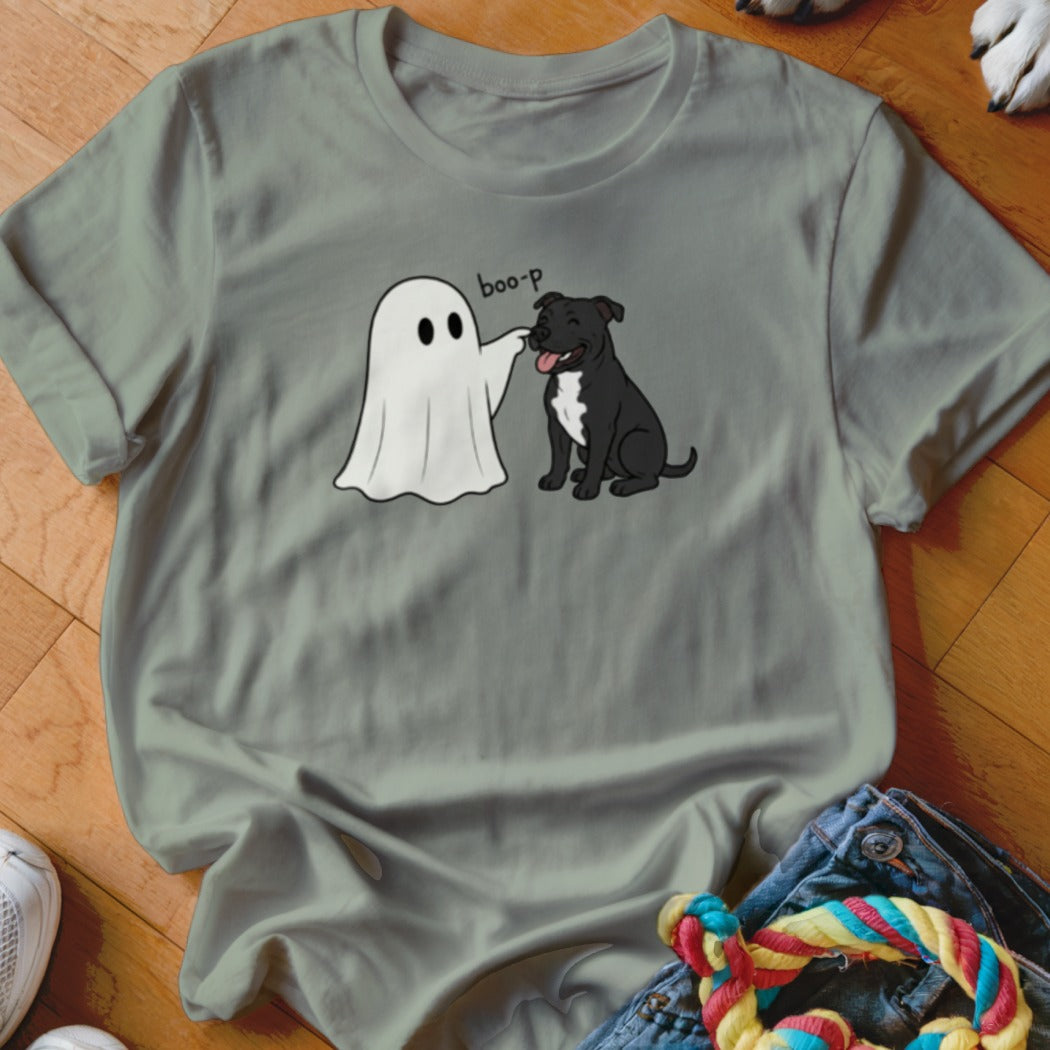 Ghost "boops" a black and white dog on the nose with text.