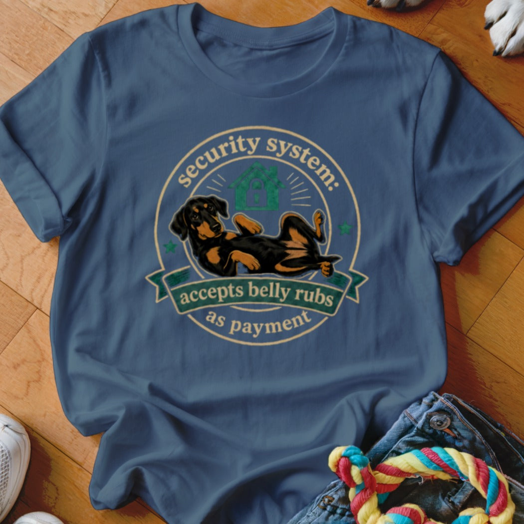 Dachshund graphic on blue t-shirt reading "security system: accepts belly rubs as payment"