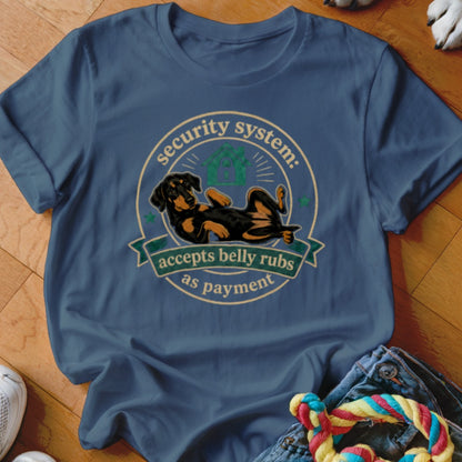 Dachshund graphic on blue t-shirt reading "security system: accepts belly rubs as payment"
