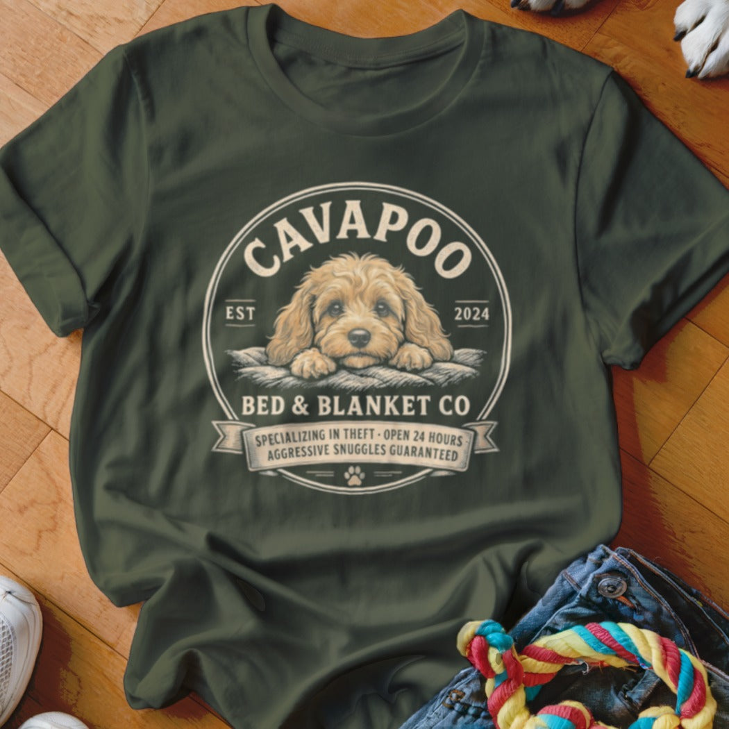Cavapoo Bed & Blanket Co. t-shirt with dog graphic and text.
