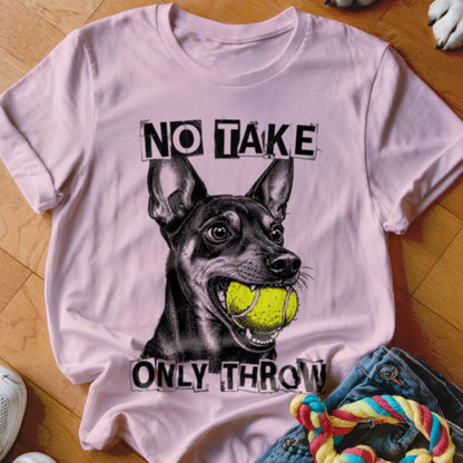 Pink t-shirt with black and white illustration of a dog holding a tennis ball and text.