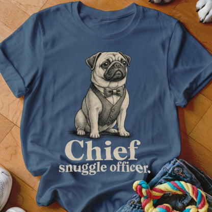 T-shirt with pug wearing a vest and bow tie, text "Chief snuggle officer".