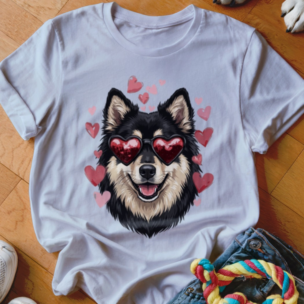 White crewneck t-shirt featuring a graphic of a black and tan dog wearing heart-shaped sunglasses, surrounded by pink hearts.