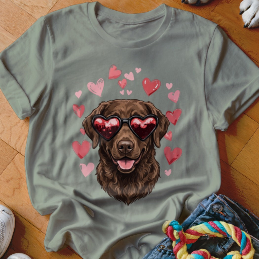 Sage green t-shirt featuring a graphic of a brown dog wearing heart sunglasses surrounded by pink hearts.