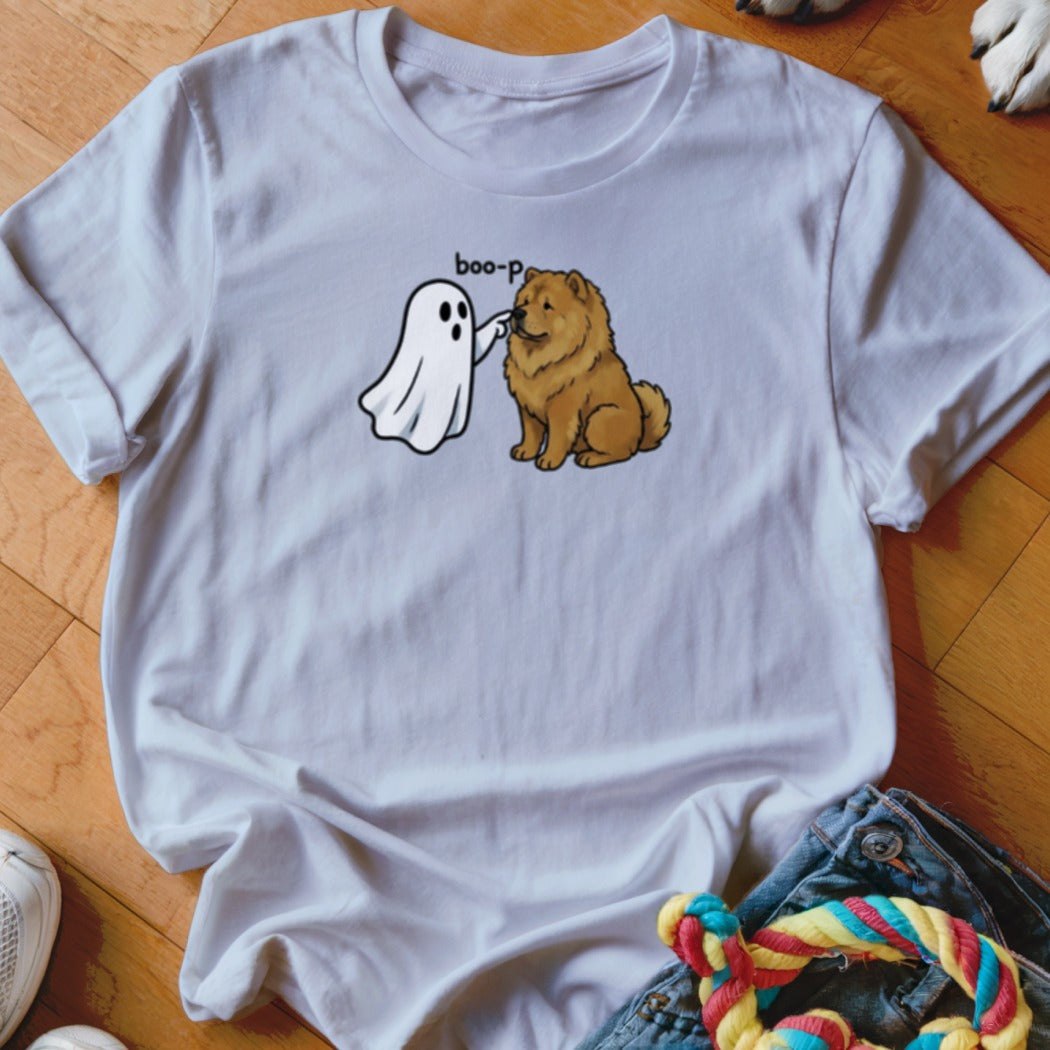 White t-shirt with a cartoon ghost booping a chow dog, text says "boo-p".