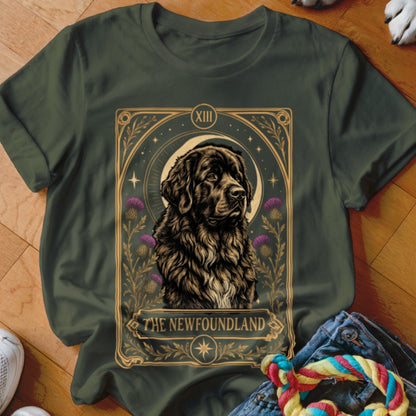 Dark green t-shirt featuring a tarot card graphic of a Newfoundland dog, moon, and thistles.