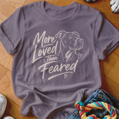 Gray t-shirt with a pit bull outline and text "More Loved Than Feared."