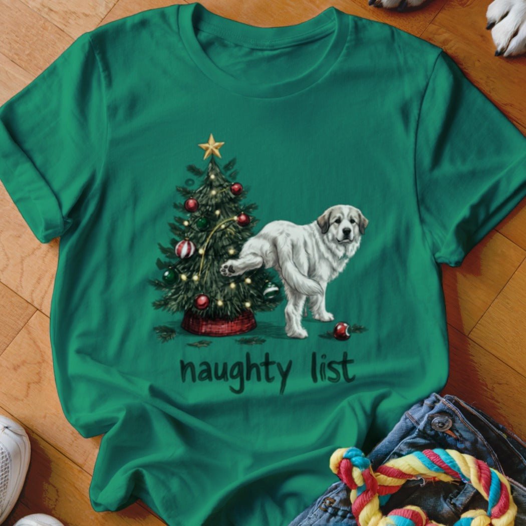 A green t-shirt with a graphic of a dog lifting its leg on a Christmas tree above the text "naughty list".