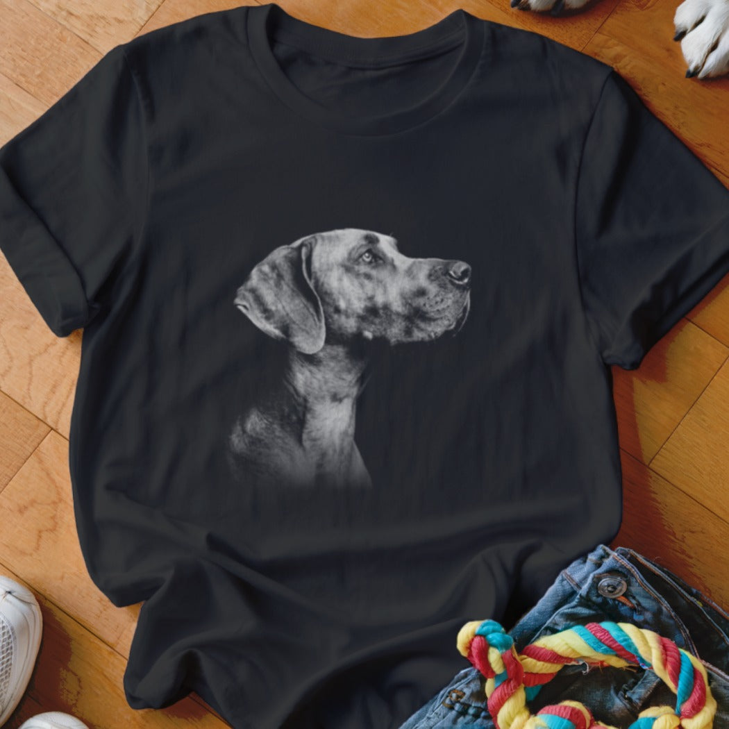 Black t-shirt with a grey dog portrait on the front.