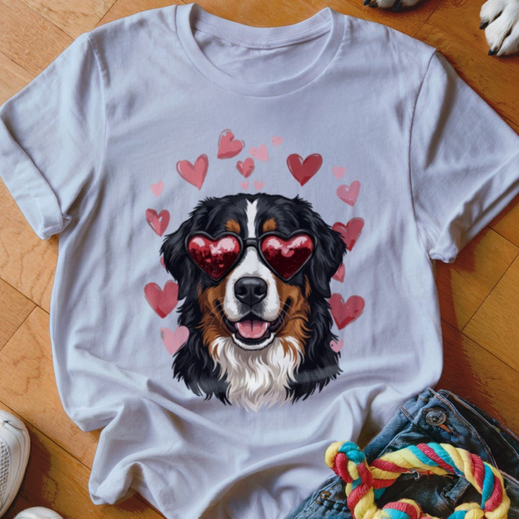White t-shirt featuring a Bernese Mountain Dog graphic with heart-shaped sunglasses surrounded by pink hearts.
