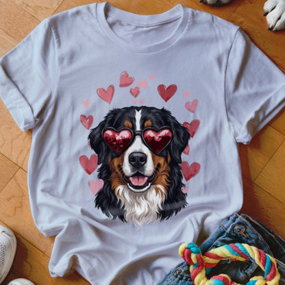 White t-shirt featuring a Bernese Mountain Dog graphic with heart-shaped sunglasses surrounded by pink hearts.