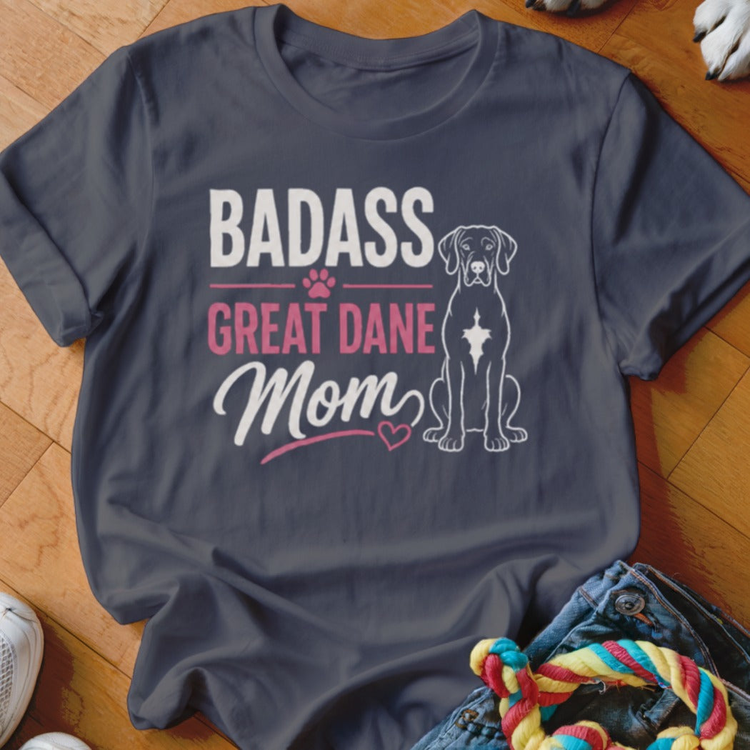 Dark gray t-shirt with "Badass Great Dane Mom" text and a Great Dane illustration.