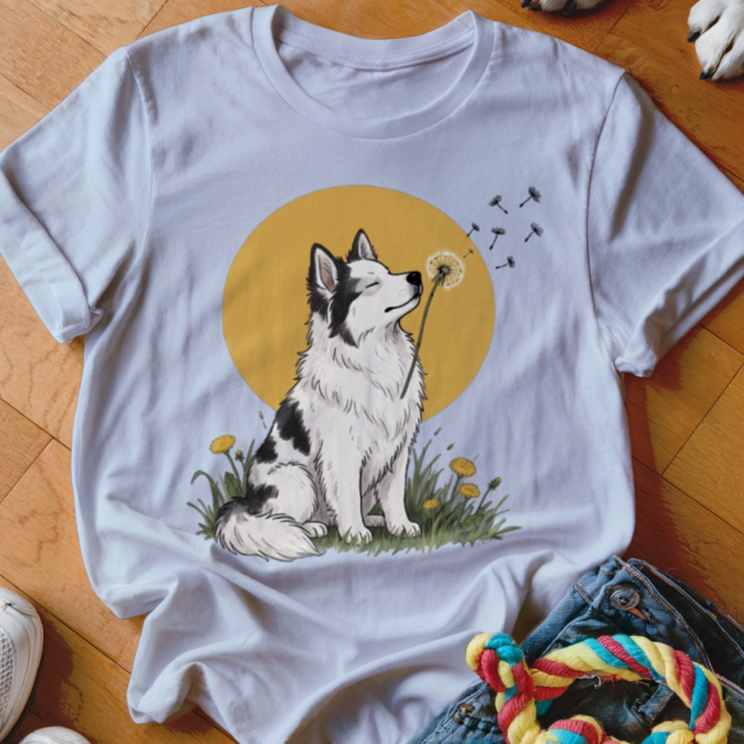 A white crewneck t-shirt featuring a graphic of a black and white dog blowing a dandelion against a yellow circle background.