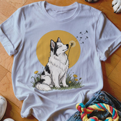 A white crewneck t-shirt featuring a graphic of a black and white dog blowing a dandelion against a yellow circle background.