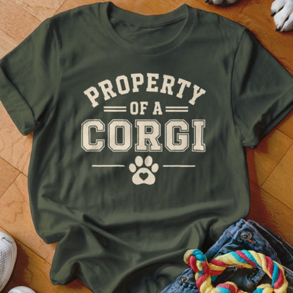 Green t-shirt with "PROPERTY OF A CORGI" and paw print graphic.