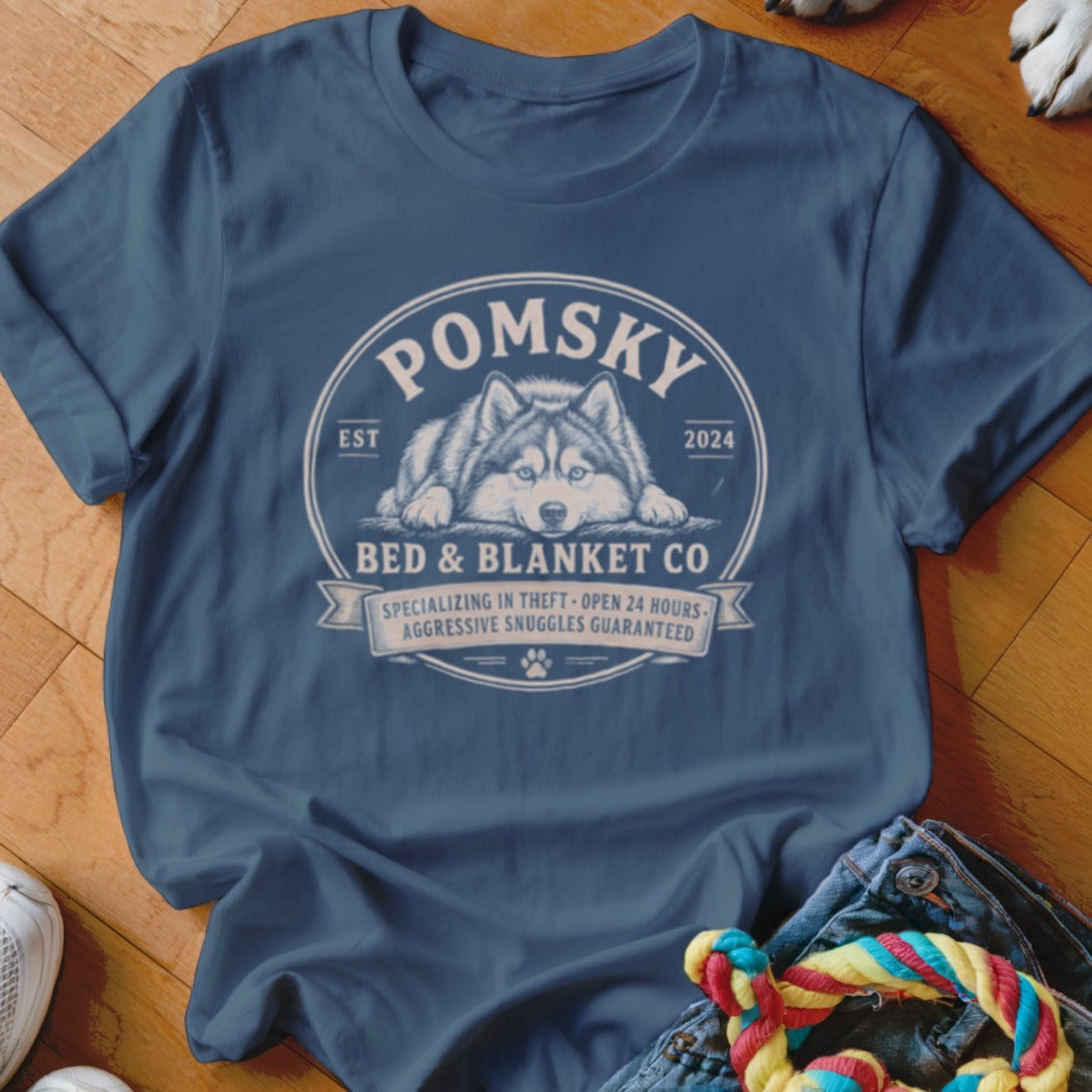 Blue t-shirt with "Pomsky Bed & Blanket Co." design featuring a husky.