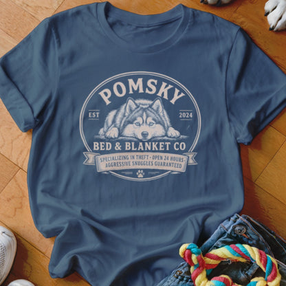 Blue t-shirt with "Pomsky Bed & Blanket Co." design featuring a husky.