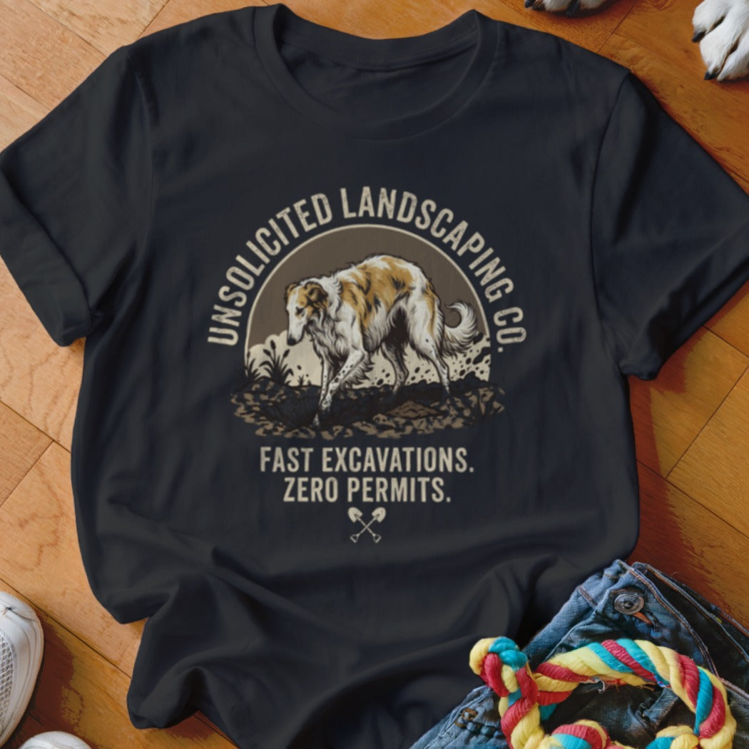 Black t-shirt with "Unsolicited Landscaping Co." text and dog graphic.