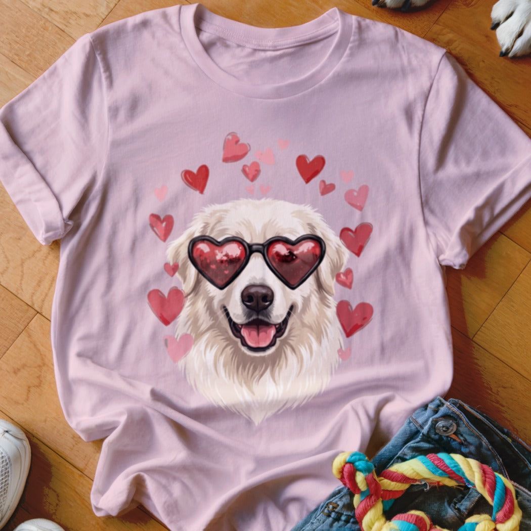 A light pink t-shirt features a golden retriever wearing heart-shaped sunglasses, surrounded by floating red hearts.