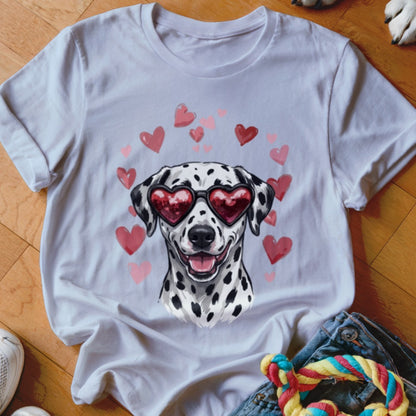 A white t-shirt featuring a graphic of a Dalmatian wearing heart-shaped sunglasses surrounded by pink hearts.
