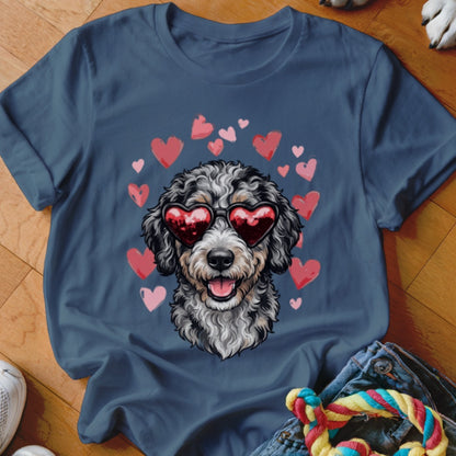 A blue t-shirt featuring a fluffy dog wearing heart-shaped sunglasses, surrounded by pink hearts.