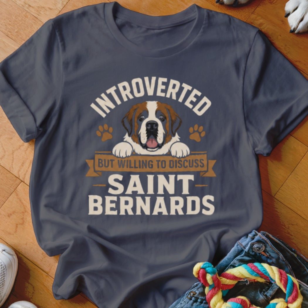 T-shirt with Saint Bernard graphic and text "Introverted but willing to discuss Saint Bernards".