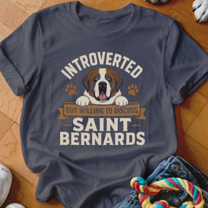 T-shirt with Saint Bernard graphic and text "Introverted but willing to discuss Saint Bernards".