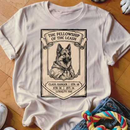 T-shirt graphic featuring a German Shepherd dressed as a ranger with D&D stats.