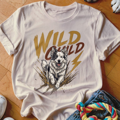 Beige crewneck t-shirt featuring a graphic of a running dog and the text Wild Child.
