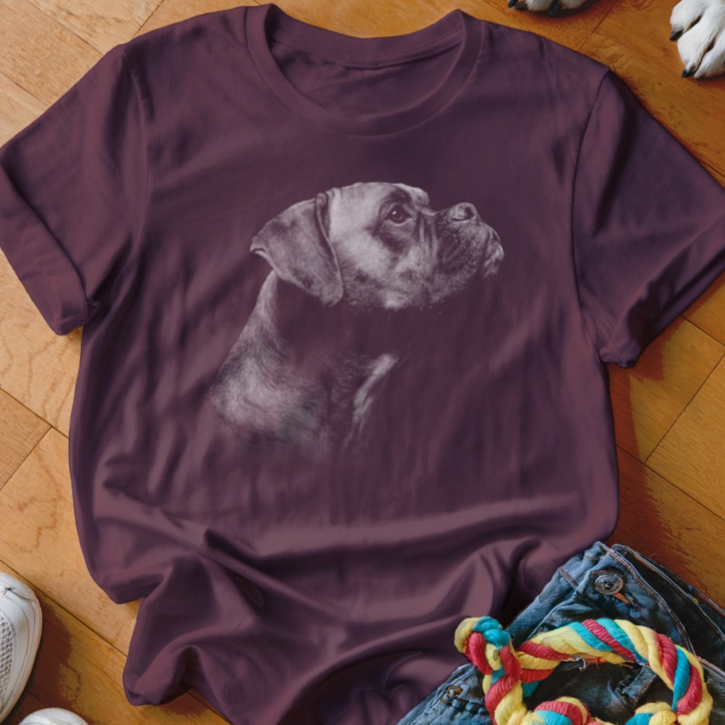 Burgundy t-shirt with a grey boxer dog portrait on the front.