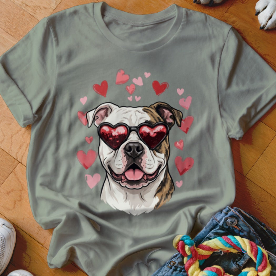Sage green t-shirt featuring a graphic of a bulldog wearing heart-shaped sunglasses surrounded by pink and red hearts.