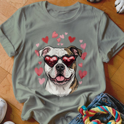 Sage green t-shirt featuring a graphic of a bulldog wearing heart-shaped sunglasses surrounded by pink and red hearts.