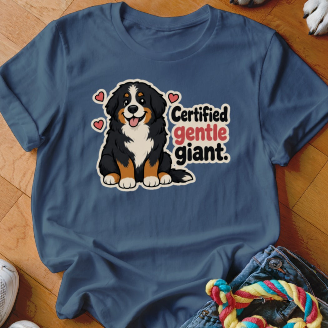 Bernese Mountain Dog illustration with text "Certified gentle giant" on a blue t-shirt.