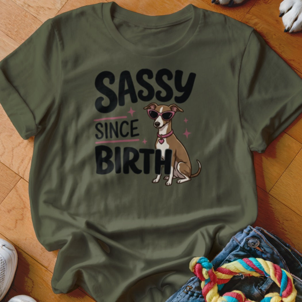 Green t-shirt with "Sassy Since Birth" text and a dog wearing sunglasses.