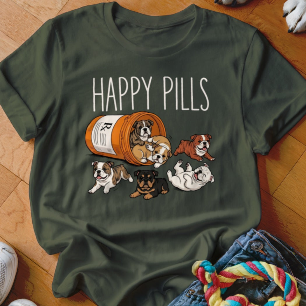 Bulldog puppies spilling from a prescription bottle with "HAPPY PILLS" text.