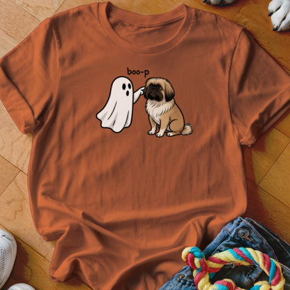 Ghost booping a dog with text "boo-p" on an orange t-shirt.