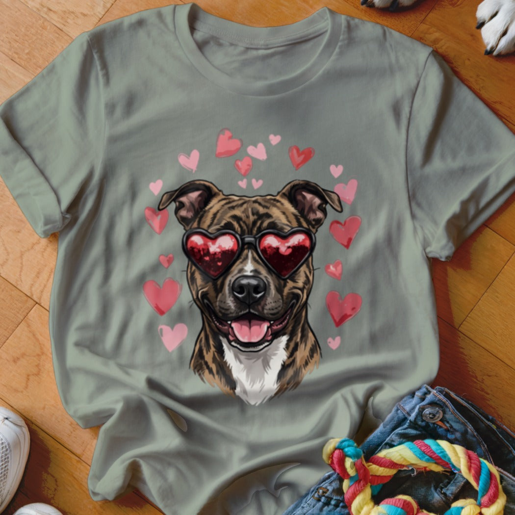 Sage green crewneck t-shirt featuring a brindle pit bull wearing heart-shaped sunglasses, surrounded by pink hearts.