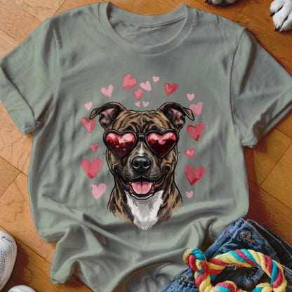 Sage green crewneck t-shirt featuring a brindle pit bull wearing heart-shaped sunglasses, surrounded by pink hearts.