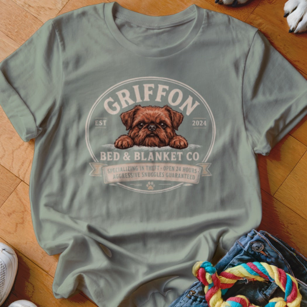 Griffon Bed & Blanket Co. t-shirt with a dog graphic and humorous text.