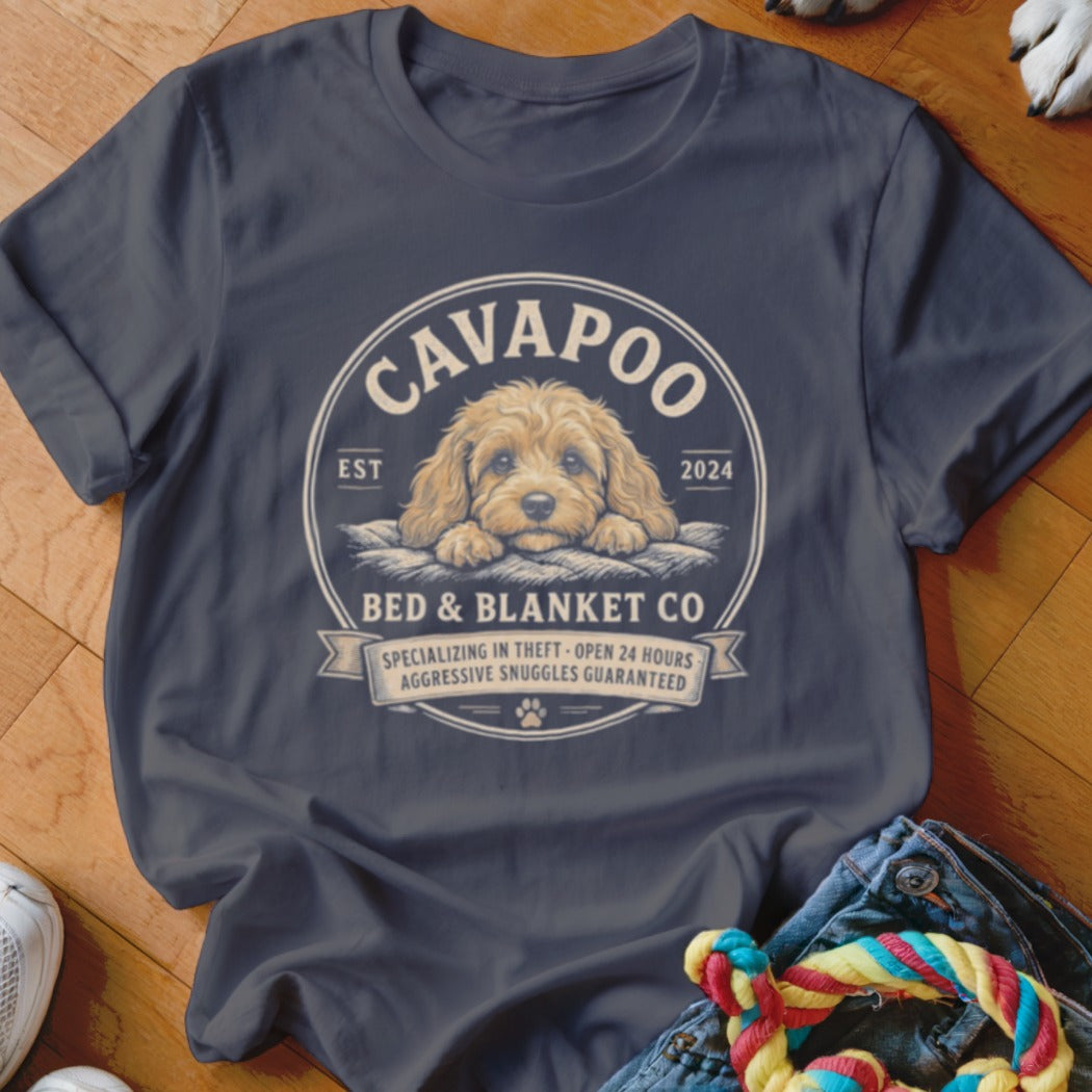 Cavapoo Bed & Blanket Co. t-shirt with dog illustration and text.