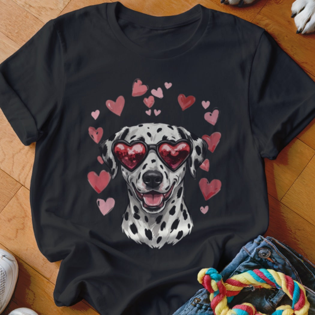 A black t-shirt features a graphic of a smiling Dalmatian wearing heart-shaped sunglasses surrounded by pink hearts.