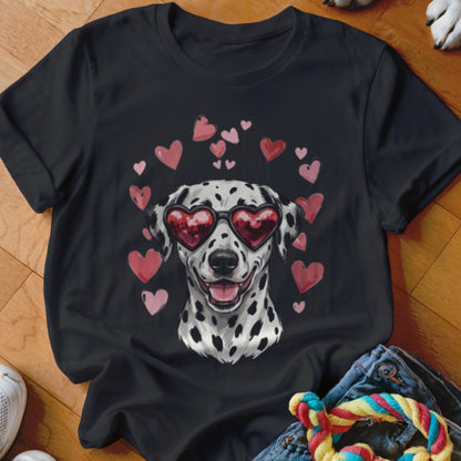 A black t-shirt features a graphic of a smiling Dalmatian wearing heart-shaped sunglasses surrounded by pink hearts.