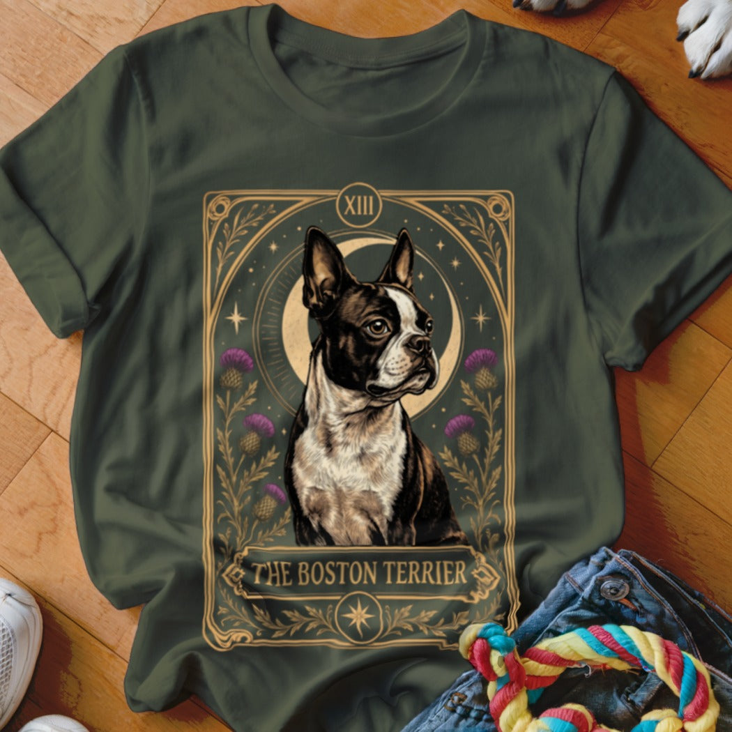 Dark green t-shirt featuring a tarot card graphic of a Boston Terrier with flowers and moon.