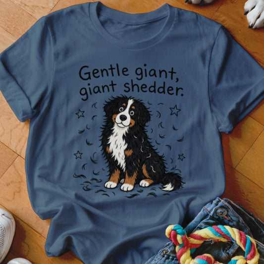 Bernese Mountain Dog illustration with text "Gentle giant, giant shedder" on a blue t-shirt.