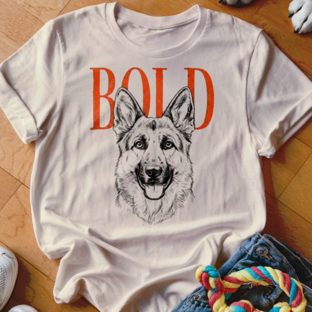 White t-shirt with an illustration of a German Shepherd and the word "BOLD".
