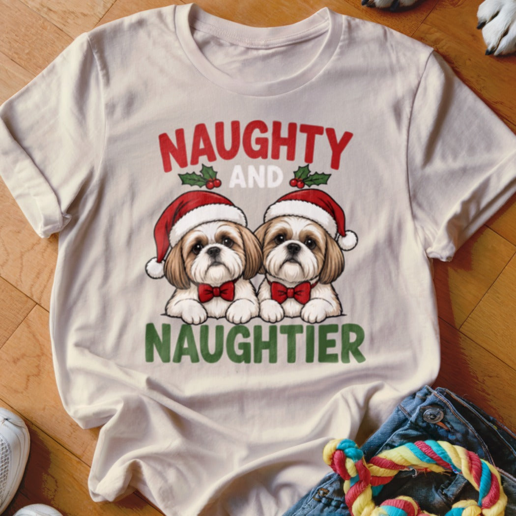 T-shirt with two Shih Tzus wearing Santa hats and bow ties, text reads "NAUGHTY AND NAUGHTIER".
