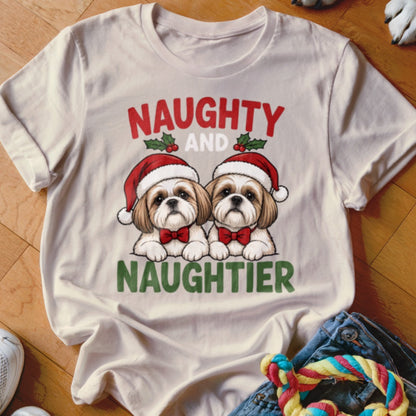 T-shirt with two Shih Tzus wearing Santa hats and bow ties, text reads "NAUGHTY AND NAUGHTIER".