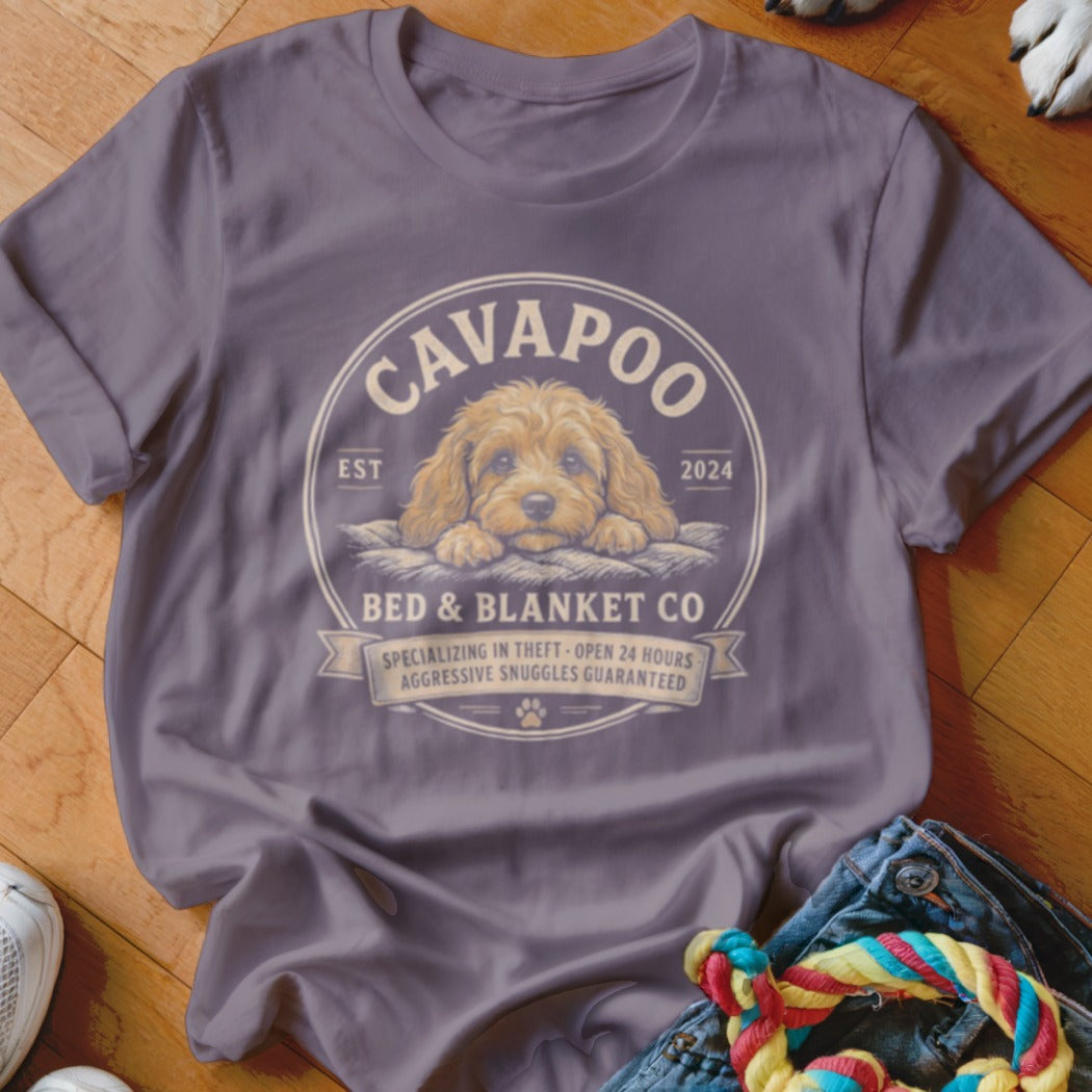 Cavapoo Bed & Blanket Co. t-shirt with a puppy illustration and text.